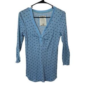 Old Navy Women’s Y2K Waffle Knit Henley Top Size M Blue Preppy Velvet Trim